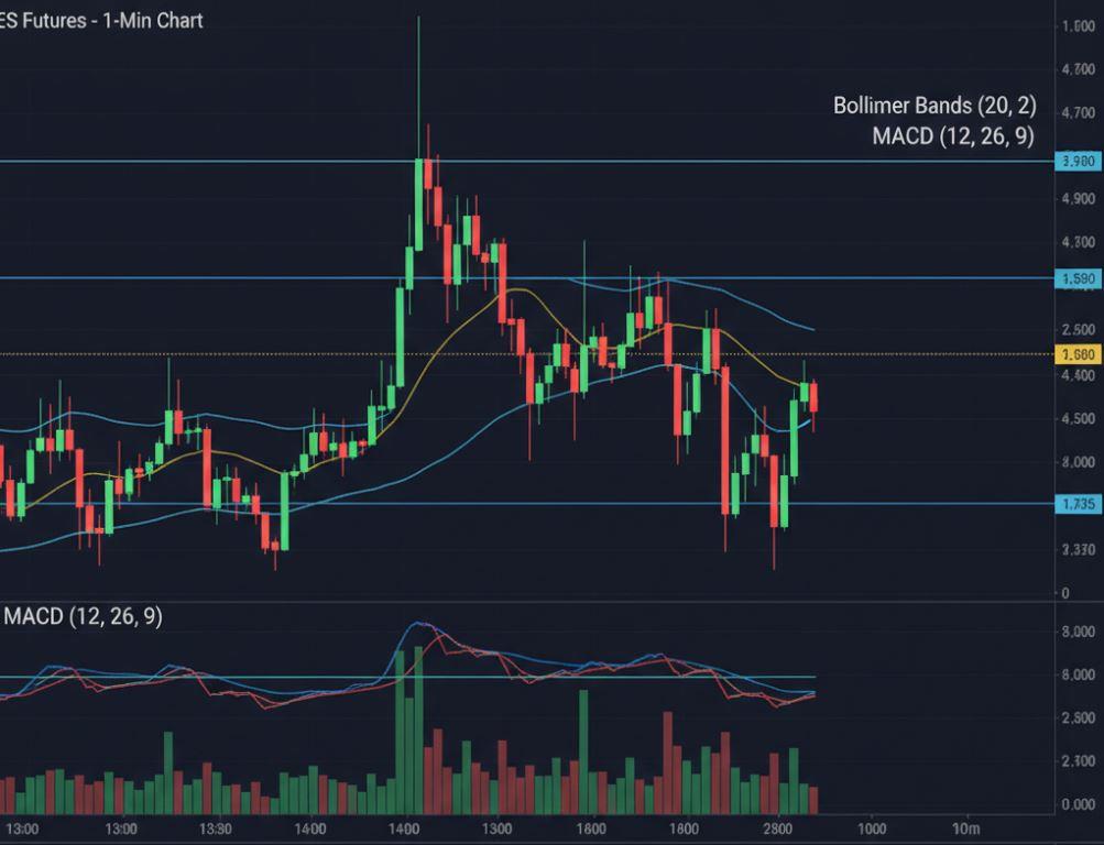 A futures trading chart showing key technical indicators like MACD, RSI, and Bollinger Bands for swing trading analysis.